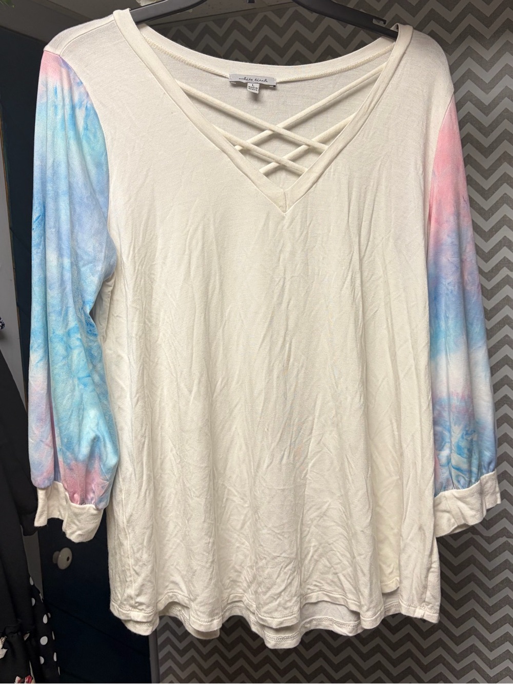 White Birch Crisscross V-Neck Top with Pastel Tie-Dye Sleeves